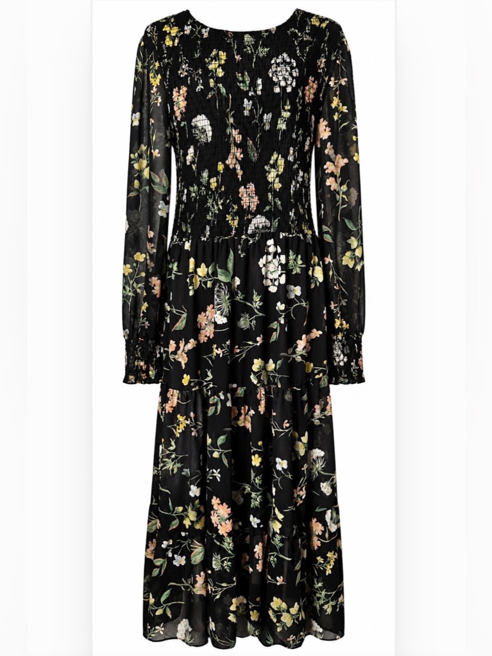 Black Floral Smocked Midi Dress Cottagecore Boho Sheer Sleeve Smocked Romantic